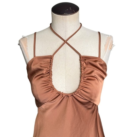 A.L.C. Sienna Cut Out Shirred Satin Midi Dress in Rawhide Brown Size:6 - Picture 7 of 14